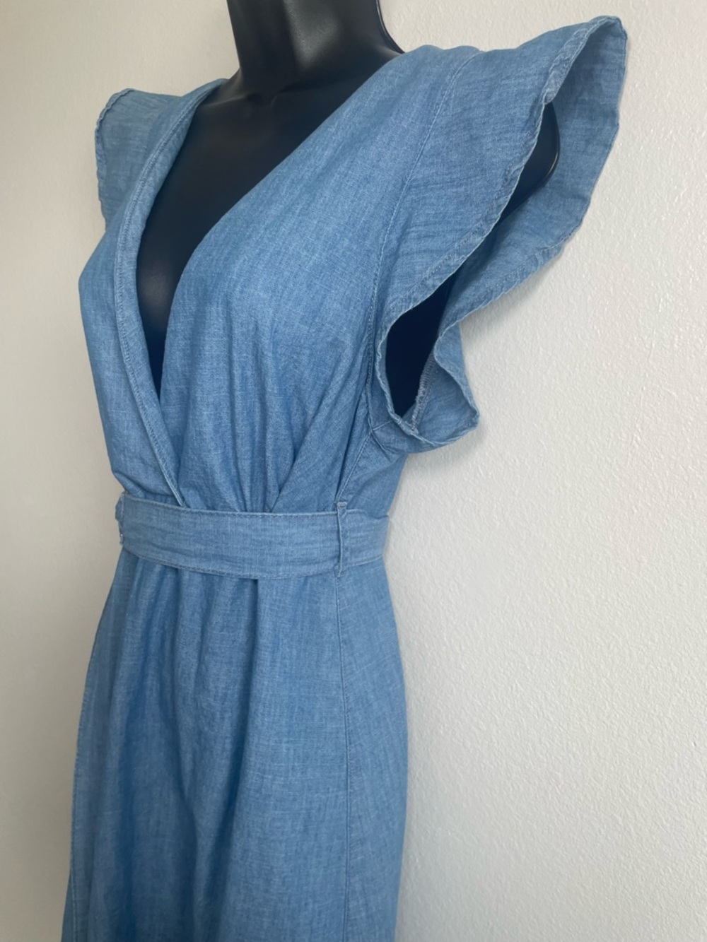 Topshop US 8 Chambray Denim Look Wrap Dress Flutter Sleeve Belted Midi Blue - Picture 4 of 11